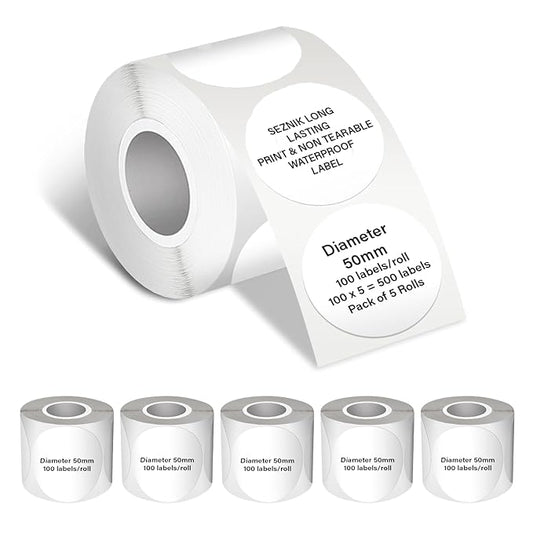 Seznik Waterproof, Non-Tearable, Sticky Thermal Labels, Round Shape, 50mm Diameter, 2 inch Self-Adhesive Thermal Paper for Mini Printer (Waterproof - 50mm Diameter - 500 Labels)