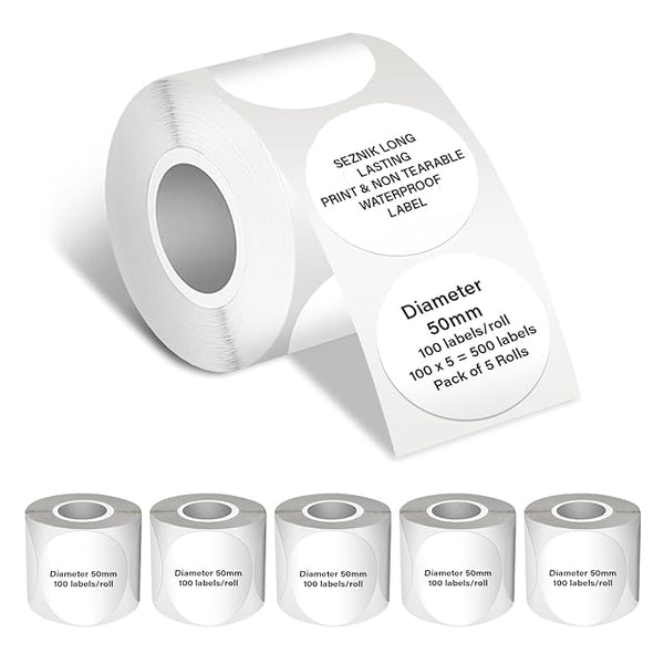 Seznik Waterproof, Non-Tearable, Sticky Thermal Labels, Round Shape, 50mm Diameter, 2 inch Self-Adhesive Thermal Paper for Mini Printer (Waterproof - 50mm Diameter - 500 Labels)