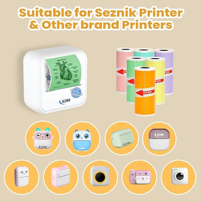 Seznik Sticky Adhesive 2 Inch Thermal Paper Rolls, Continuous 57mm Width Paper for Mini Thermal Printers (ExclusiveColor-57mm Width-Continuous Sticky Roll-Pack of 6)