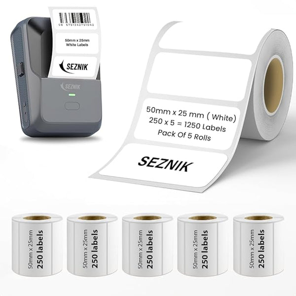 Seznik Thermal Lables, 50mmx25mm Label Roll Paper, 2 inch Self-Adhesive Thermal Paper for Thermal Printer [Printer NOT Included] (White - 50mmx25mm - 1250 Labels)