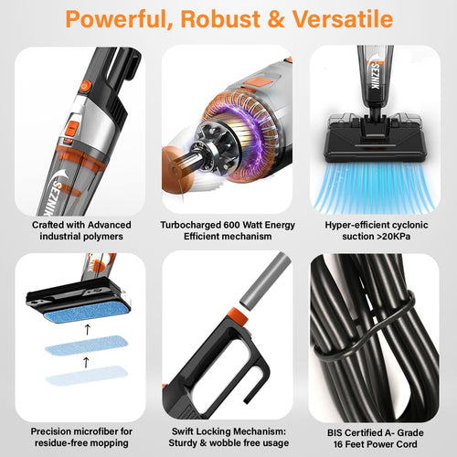 SEZNIK Vacuum Cleaner for Home Use Wet and Dry | Wet Spills & Floor Mopping + Dry Vacuuming | Turbo Sweep 3-in-1 Handheld Vacuum Cleaner | Corded, 600W, 20kpa Suction | 200ml Water Tank (SZ-V07)
