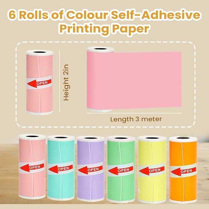 Seznik Sticky Adhesive 2 Inch Thermal Paper Rolls, Continuous 57mm Width Paper for Mini Thermal Printers (ExclusiveColor-57mm Width-Continuous Sticky Roll-Pack of 6)