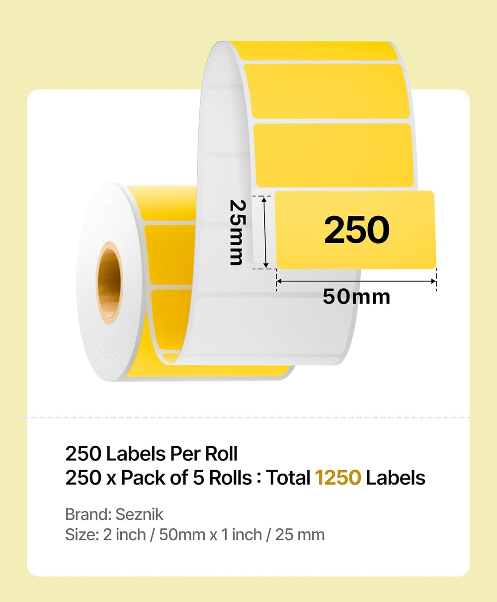 SEZNIK Waterproof, Non-Tearable, Long Lasting Print, Sticky Thermal Lables, Label Roll, 2 inch Adhesive Thermal Labels for Label Printers (50mmx25mm) - 1250 Lables, Yellow