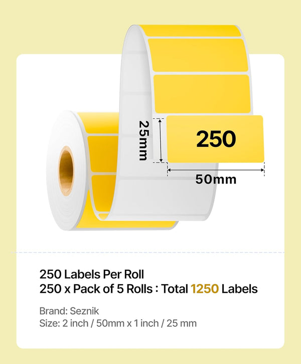 SEZNIK Waterproof, Non-Tearable, Long Lasting Print, Sticky Thermal Lables, Label Roll, 2 inch Adhesive Thermal Labels for Label Printers (50mmx25mm) - 1250 Lables, Yellow