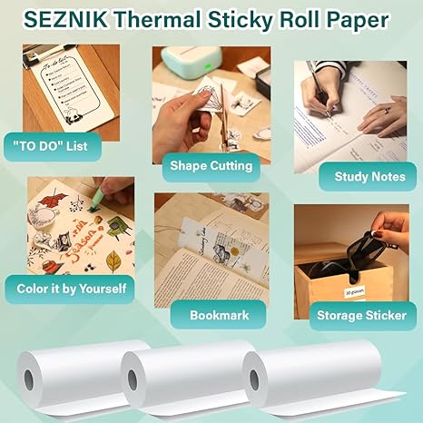 Seznik Sticky Adhesive Thermal Paper Rolls, Continuous 57mm Width Thermal Paper, 2 inch Thermal Paper for Mini Thermal Printer (White-57mm Width - Continuous Sticky Roll-Pack of 5)