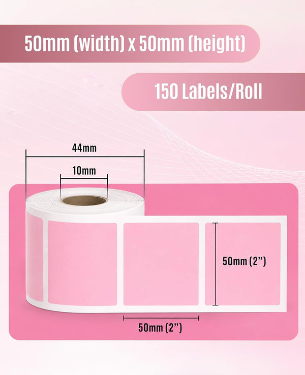 SEZNIK Waterproof, Non-Tearable, Long Lasting Print, Sticky Thermal Lables, Label Roll, 2 inch Adhesive Thermal Labels for Label Printers (50mmx50mm) - 500 Lables, Pastel Pink