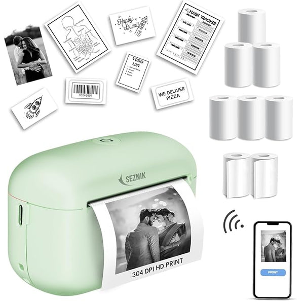 SEZNIK Mini Printer, Ultra HD Print 304 dpi | Inkless | Portable | Bluetooth Compatible with Android iOS | 1 Year Warranty (Mini-UltraHD-Green)