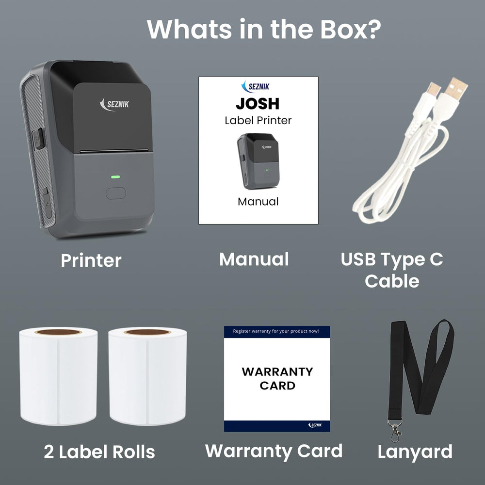 SEZNIK Josh Bluetooth Thermal Label Printer | Inkless Mini Rechargeable | MRP, Barcode, Excel File Print | Cloud, Mobile, Desktop | Jewellery, Round Labels | 2-inch Print | Free App | 1 Year Warranty