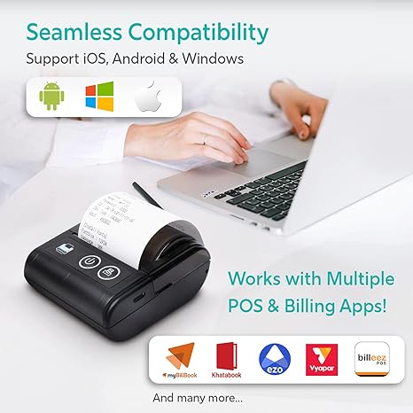 SEZNIK Veer 58mm (2 Inch) Portable Receipt Printer | ESC/POS KOT Billing | Bluetooth+USB | 2000mAh Rechargeable | Android/iOS/Windows | Retail/Restaurant | 50+ Apps | Swiggy/Zomato | 1 Year Warranty