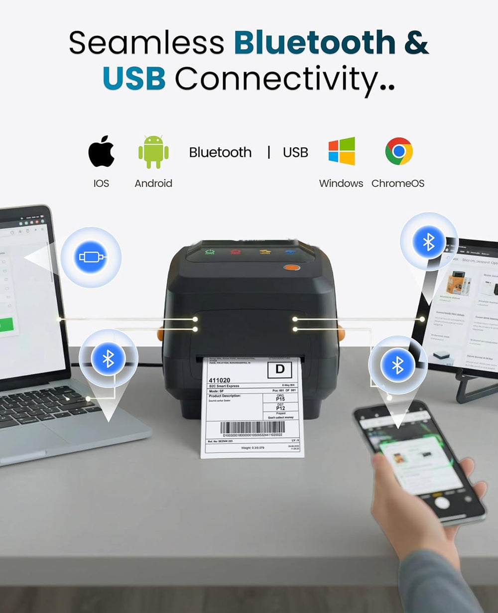 SEZNIK Rudra Thermal Label Printer | Direct Thermal + Transfer | E-Commerce 304 DPI HD Print | USB, Bluetooth, WiFi | Shipping, Jewellery, Excel Print, MRP, Barcode | 1 Year Warranty | No SellerFlex