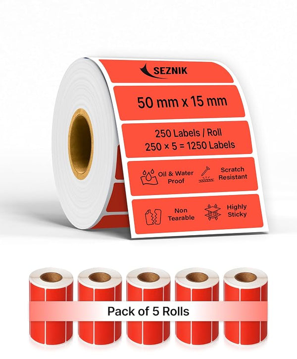 SEZNIK Waterproof, Non-Tearable, Long Lasting Print, Sticky Thermal Lables, Label Roll, 2 inch Adhesive Thermal Labels for Label Printers (50mmx15mm) - 1250 Lables, Red