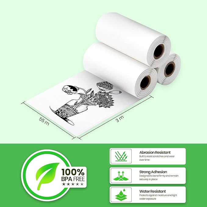 Seznik Matt Sticky Thermal Paper Rolls, 55 mm width, 2 inch Thermal Paper for Study Notes compatible with Mini Thermal Printer (Matt-Sticky- 5 Rolls)