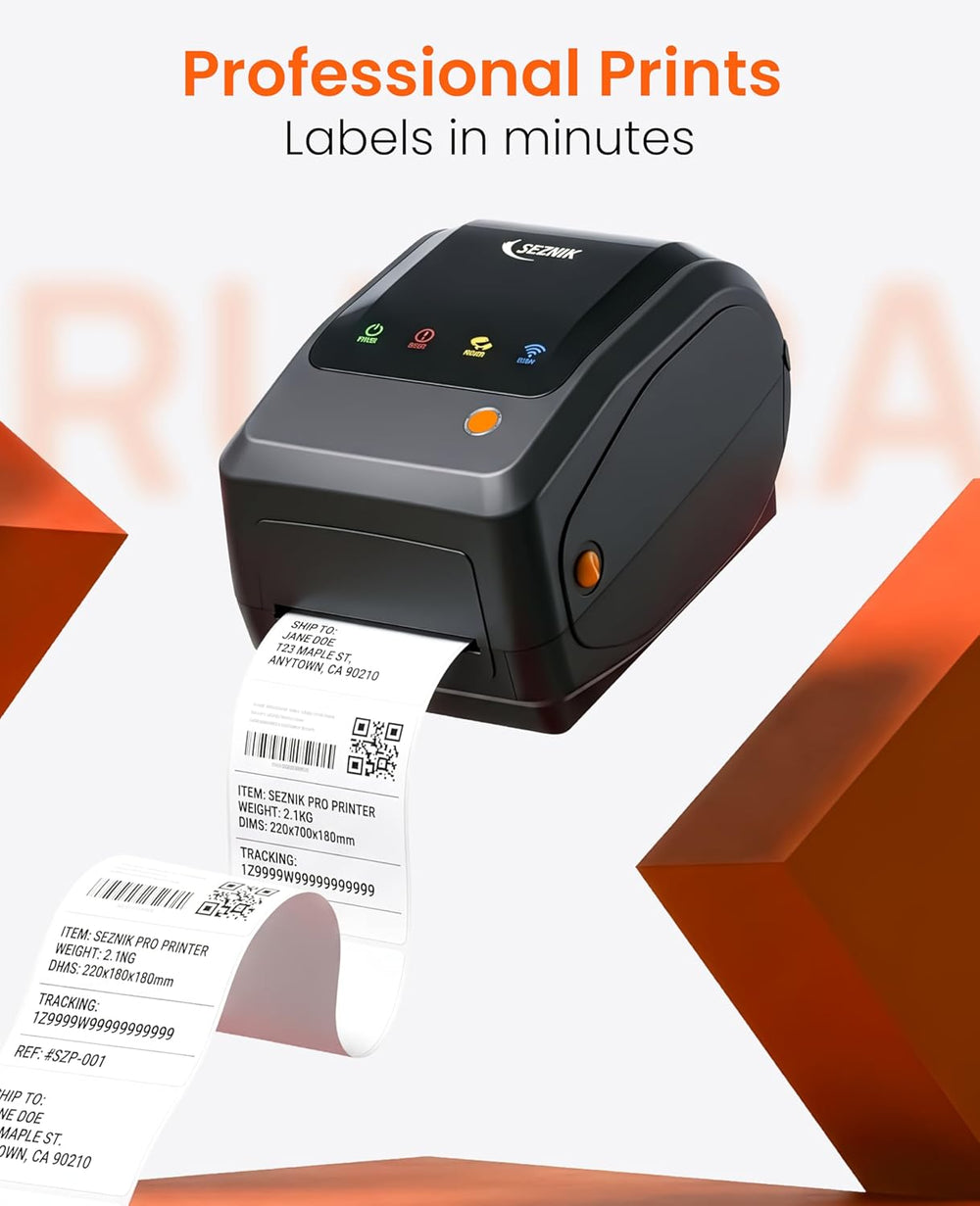 SEZNIK Rudra Thermal Label Printer | Direct Thermal + Transfer | E-Commerce 304 DPI HD Print | USB, Bluetooth, WiFi | Shipping, Jewellery, Excel Print, MRP, Barcode | 1 Year Warranty | No SellerFlex