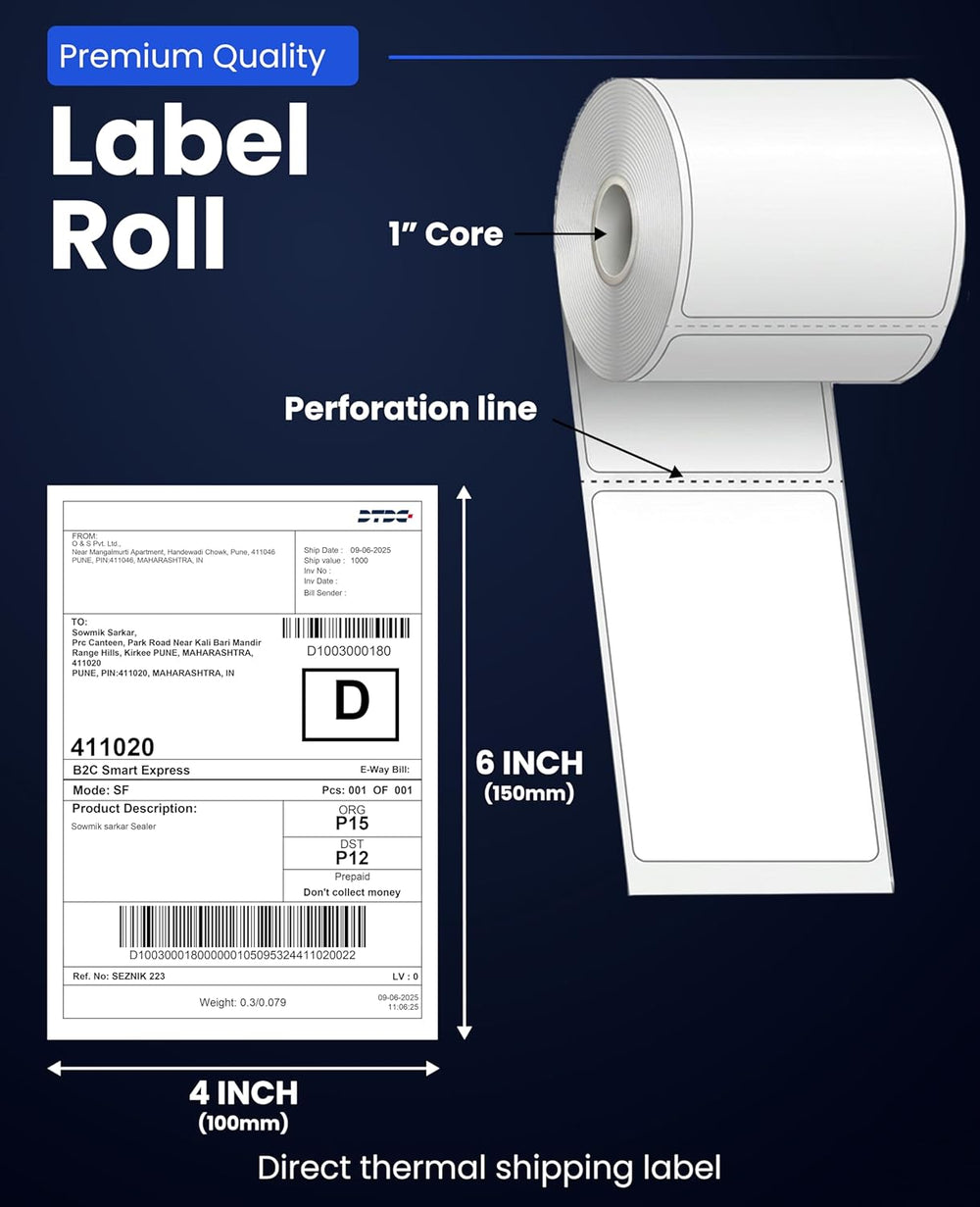 SEZNIK Thermal Printer 4x6 Inch Label Paper (100x150mm) | 800 Labels | Shipping, Parcel, Barcode & Address Labels | Waterproof, Oil & Scratch Resistant Label Roll | BPA Free | Perforated (Pack of 2)