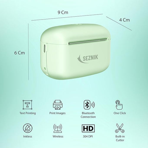 SEZNIK Mini Printer, Ultra HD Print 304 dpi | Inkless | Portable | Bluetooth Compatible with Android iOS | 1 Year Warranty (Mini-UltraHD-Green)