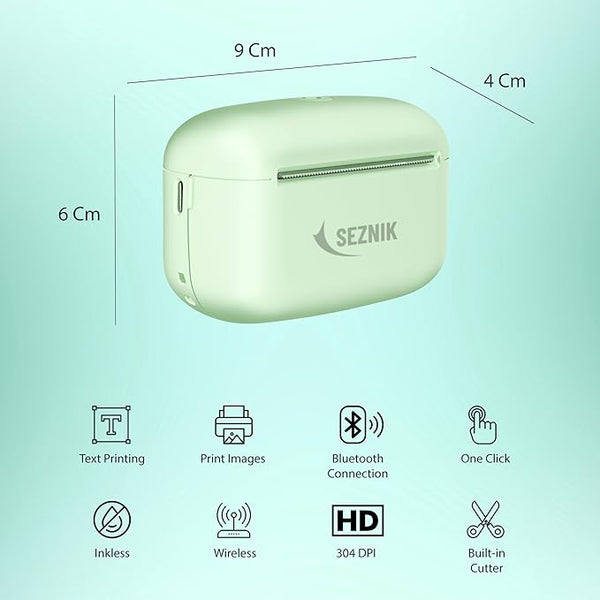 SEZNIK Mini Printer, Ultra HD Print 304 dpi | Inkless | Portable | Bluetooth Compatible with Android iOS | 1 Year Warranty (Mini-UltraHD-Green)