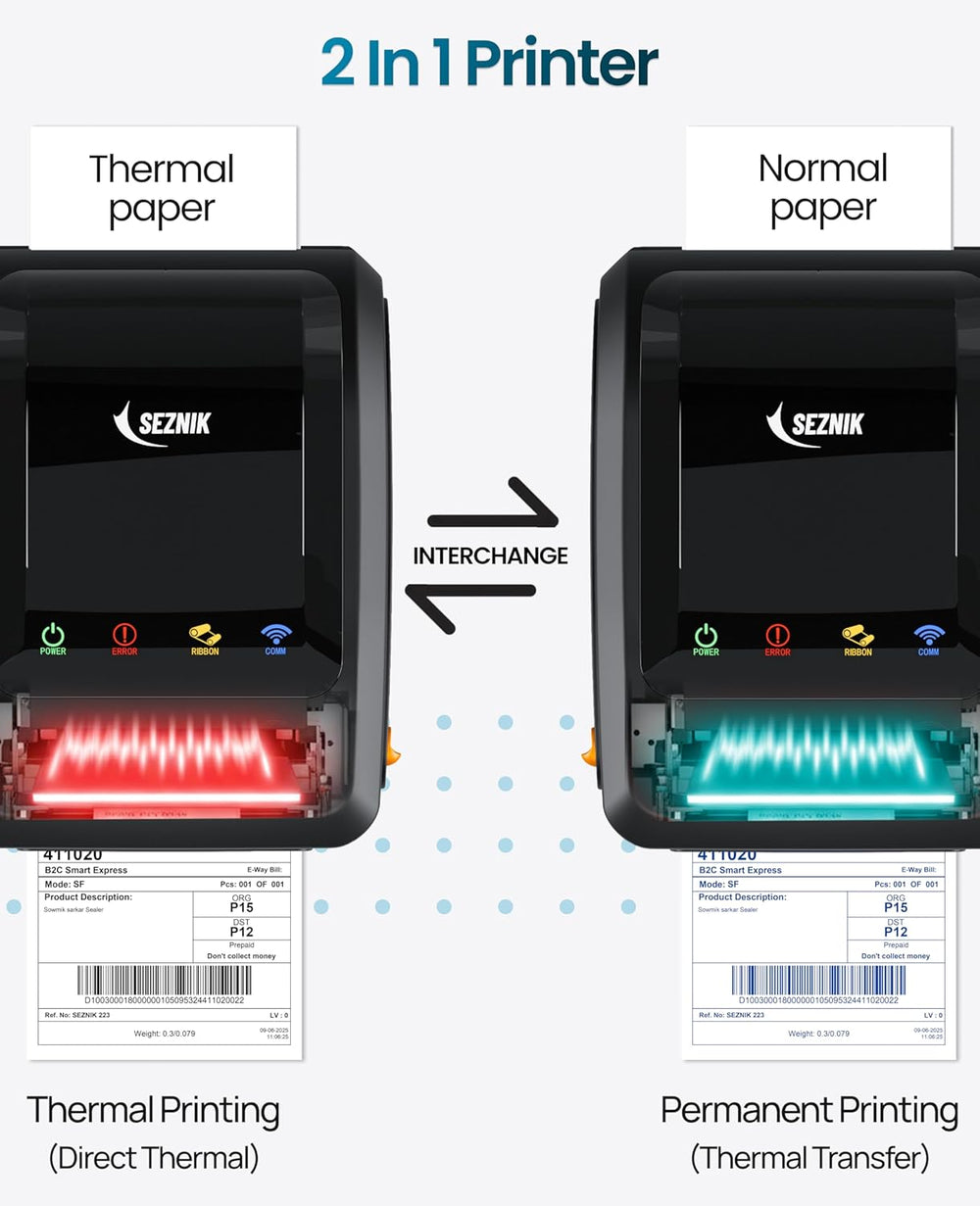 SEZNIK Rudra Thermal Label Printer | Direct Thermal + Transfer | E-Commerce 304 DPI HD Print | USB, Bluetooth, WiFi | Shipping, Jewellery, Excel Print, MRP, Barcode | 1 Year Warranty | No SellerFlex