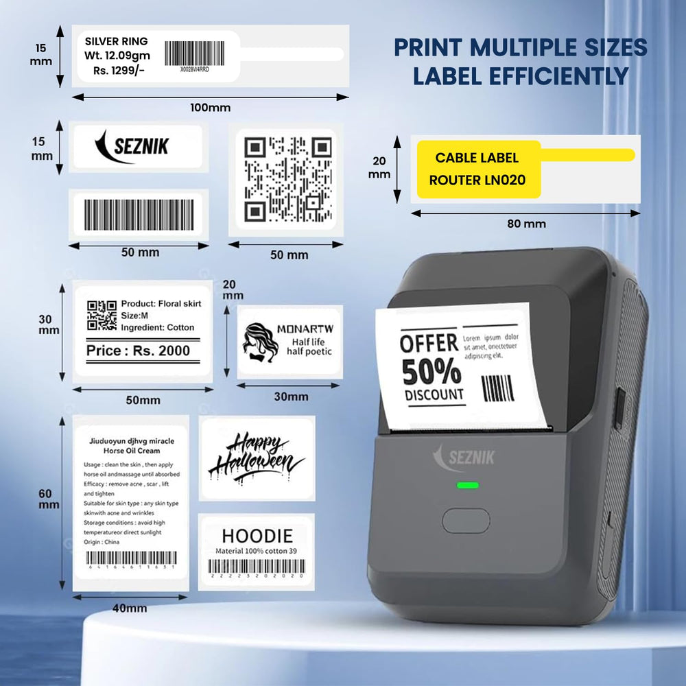 SEZNIK Josh Bluetooth Thermal Label Printer | Inkless Mini Rechargeable | MRP, Barcode, Excel File Print | Cloud, Mobile, Desktop | Jewellery, Round Labels | 2-inch Print | Free App | 1 Year Warranty