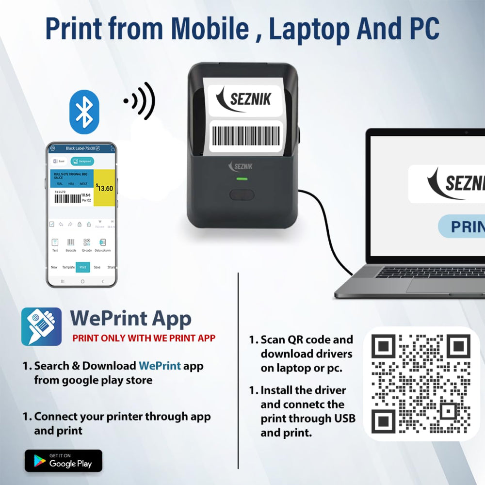 SEZNIK Josh Bluetooth Thermal Label Printer | Inkless Mini Rechargeable | MRP, Barcode, Excel File Print | Cloud, Mobile, Desktop | Jewellery, Round Labels | 2-inch Print | Free App | 1 Year Warranty