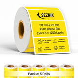 SEZNIK Waterproof, Non-Tearable, Long Lasting Print, Sticky Thermal Lables, Label Roll, 2 inch Adhesive Thermal Labels for Label Printers (50mmx25mm) - 1250 Lables, Yellow