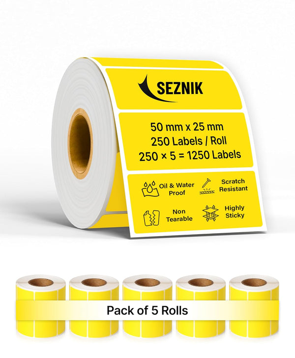 SEZNIK Waterproof, Non-Tearable, Long Lasting Print, Sticky Thermal Lables, Label Roll, 2 inch Adhesive Thermal Labels for Label Printers (50mmx25mm) - 1250 Lables, Yellow