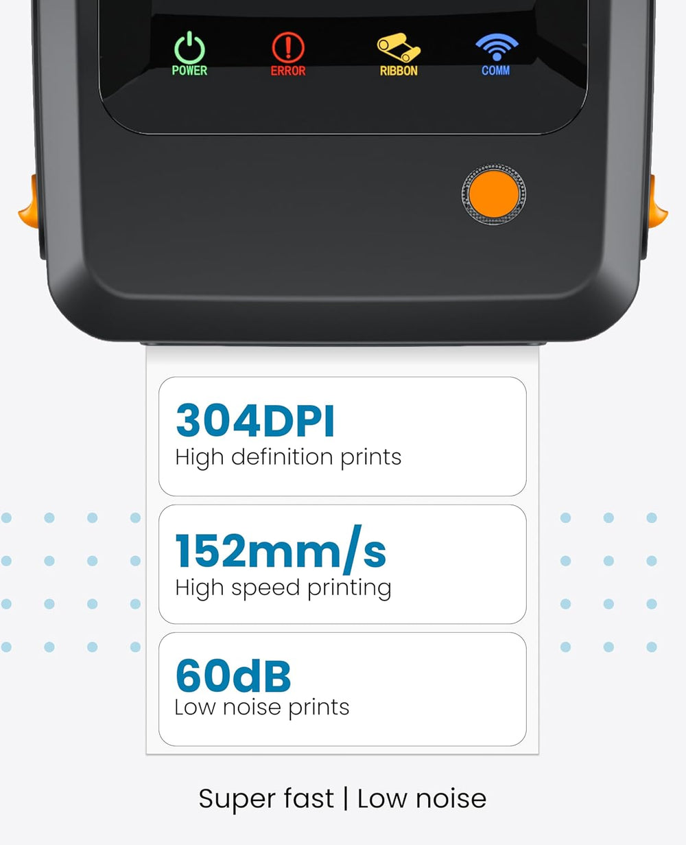 SEZNIK Rudra Thermal Label Printer | Direct Thermal + Transfer | E-Commerce 304 DPI HD Print | USB, Bluetooth, WiFi | Shipping, Jewellery, Excel Print, MRP, Barcode | 1 Year Warranty | No SellerFlex