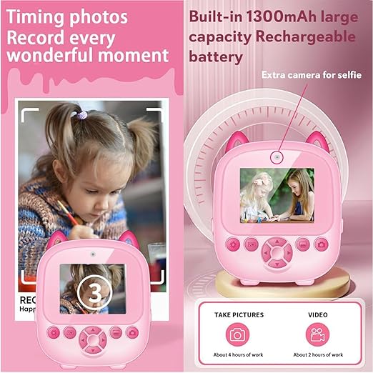 SEZNIK Mini Camera Printer, Mini Selfie Camera Printer, Click Photo Print, Inkless, Bluetooth HD Print, Android, iOS. Instant Print (Neo-Pink)