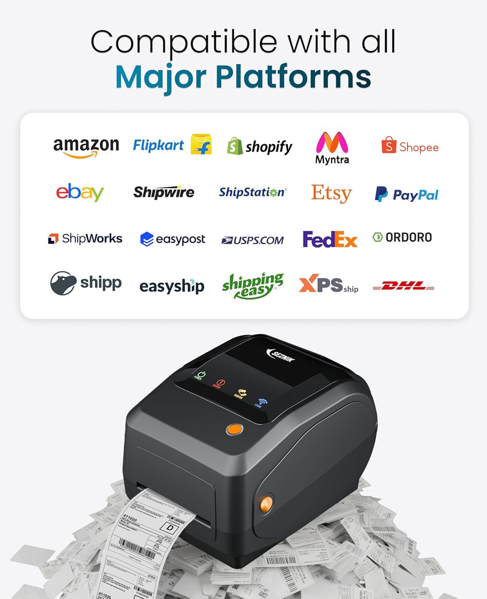 SEZNIK Rudra Thermal Label Printer | Direct Thermal + Transfer | E-Commerce 304 DPI HD Print | USB, Bluetooth, WiFi | Shipping, Jewellery, Excel Print, MRP, Barcode | 1 Year Warranty | No SellerFlex