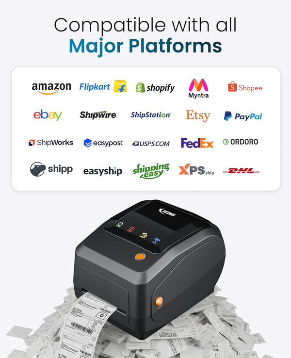 SEZNIK Rudra Thermal Label Printer | Direct Thermal + Transfer | E-Commerce 304 DPI HD Print | USB, Bluetooth, WiFi | Shipping, Jewellery, Excel Print, MRP, Barcode | 1 Year Warranty | No SellerFlex