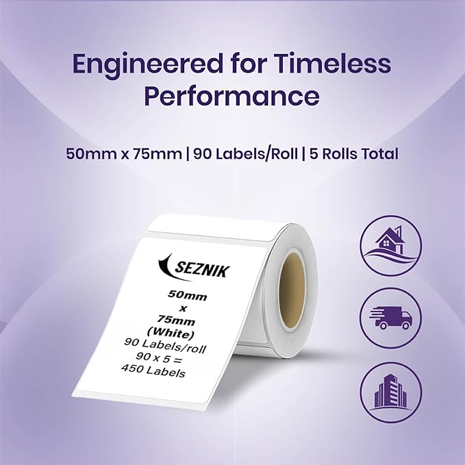 Seznik Thermal Sticky Labels – 50x75 mm – White – Pack of 5 Rolls (50mmx75mm - 450 Lables)