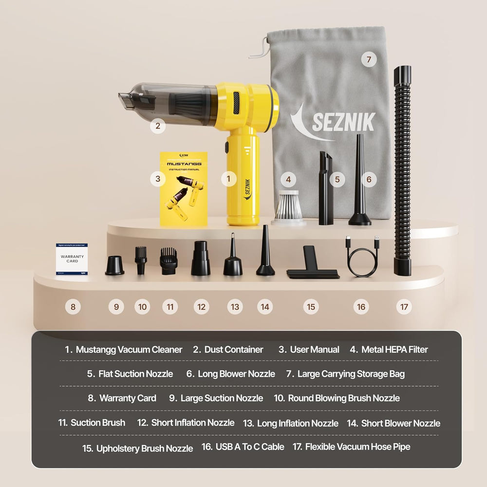 SEZNIK Vacuum Cleaner for Home Use | Car Use | 4 in 1 Cordless Vacuum Cleaner & Blower | Rechargeable 6000mAh | 3 Speed Suction Upto 18000PA | BLDC Motor | Clean Sofa, Curtains, More | 1 Year Warranty
