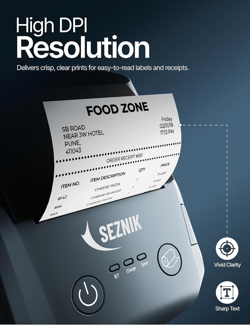 SEZNIK DEV Bluetooth Thermal Label + Receipt Printer for Business | Inkless Mini | 203 DPI | Mobile, Desktop Compatible | Upto 2 inch Print | Lifetime Free Label Print App | 1 Year Warranty