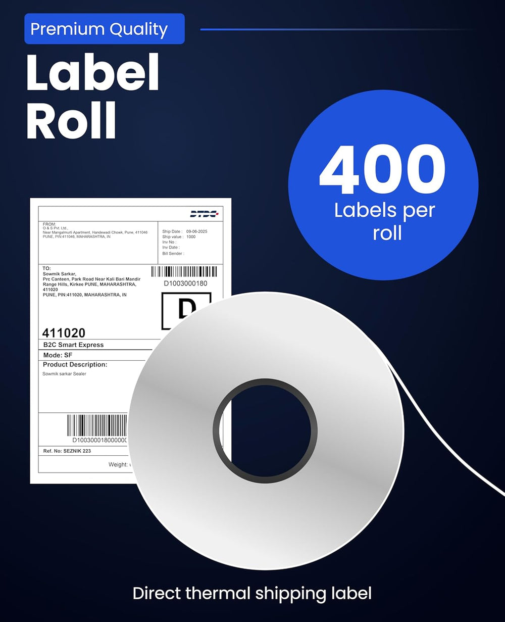 SEZNIK LabelX Shipping Label Printer Bundle with Roll Holder & 4x6 Thermal Labels | Bluetooth + USB Inkless Printer | 400 Labels | for Amazon, Meesho, Courier & Barcode Printing
