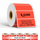 SEZNIK Waterproof, Non-Tearable, Long Lasting Print, Sticky Thermal Lables, Label Roll, 2 inch Adhesive Thermal Labels for Label Printers (50mmx25mm) - 1250 Lables, Red