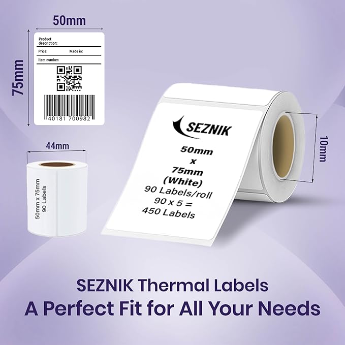 Seznik Thermal Sticky Labels – 50x75 mm – White – Pack of 5 Rolls (50mmx75mm - 450 Lables)