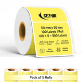 SEZNIK Waterproof, Non-Tearable, Long Lasting Print, Sticky Thermal Lables, Label Roll, 2 inch Adhesive Thermal Labels for Label Printers (50mmx50mm) - 500 Lables, Yellow