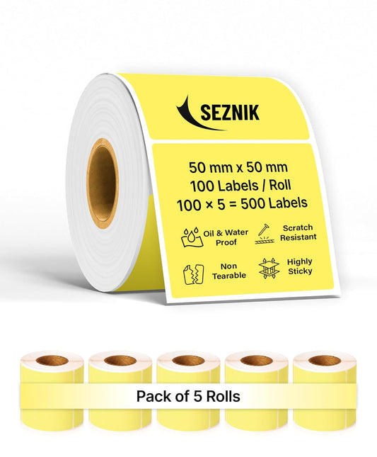 SEZNIK Waterproof, Non-Tearable, Long Lasting Print, Sticky Thermal Lables, Label Roll, 2 inch Adhesive Thermal Labels for Label Printers (50mmx50mm) - 500 Lables, Yellow