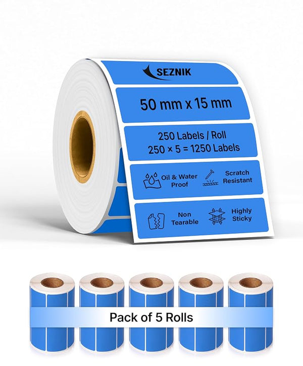 SEZNIK Waterproof, Non-Tearable, Long Lasting Print, Sticky Thermal Lables, Label Roll, 2 inch Adhesive Thermal Labels for Label Printers (50mmx15mm) - 1250 Lables, Royal Blue