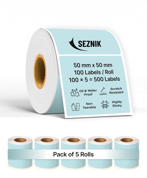 SEZNIK Waterproof, Non-Tearable, Long Lasting Print, Sticky Thermal Lables, Label Roll, 2 inch Adhesive Thermal Labels for Label Printers (50mmx50mm) - 500 Lables, Pastel Blue