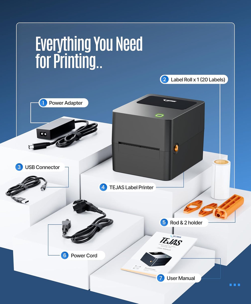 SEZNIK Tejas Shipping Label Printer | 304 DPI HD Print | USB + Bluetooth | Direct Thermal Label Printer for E-Commerce, MRP Sticker, Jewellery, Excel, Barcode, | 1 Year Warranty | No SellerFlex
