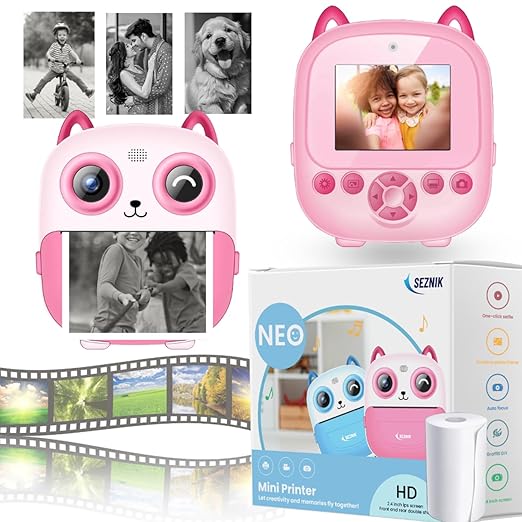 SEZNIK Mini Camera Printer, Mini Selfie Camera Printer, Click Photo Print, Inkless, Bluetooth HD Print, Android, iOS. Instant Print (Neo-Pink)