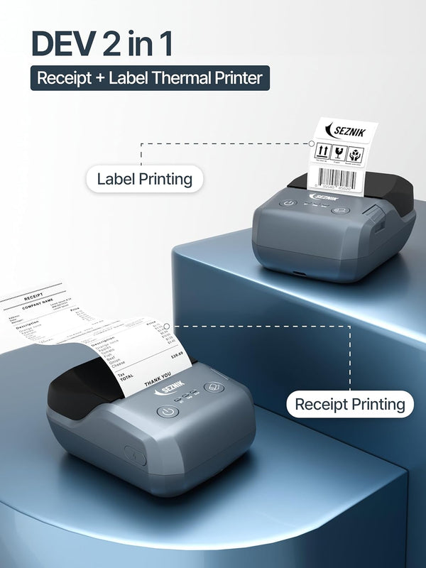 SEZNIK DEV Bluetooth Thermal Label + Receipt Printer for Business | Inkless Mini | 203 DPI | Mobile, Desktop Compatible | Upto 2 inch Print | Lifetime Free Label Print App | 1 Year Warranty