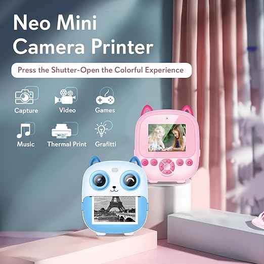 SEZNIK Mini Camera Printer, Click Photo Print, Inkless, Bluetooth HD Print, Android, iOS. Instant Print (Neo-Blue)