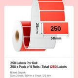SEZNIK Waterproof, Non-Tearable, Long Lasting Print, Sticky Thermal Lables, Label Roll, 2 inch Adhesive Thermal Labels for Label Printers (50mmx25mm) - 1250 Lables, Red