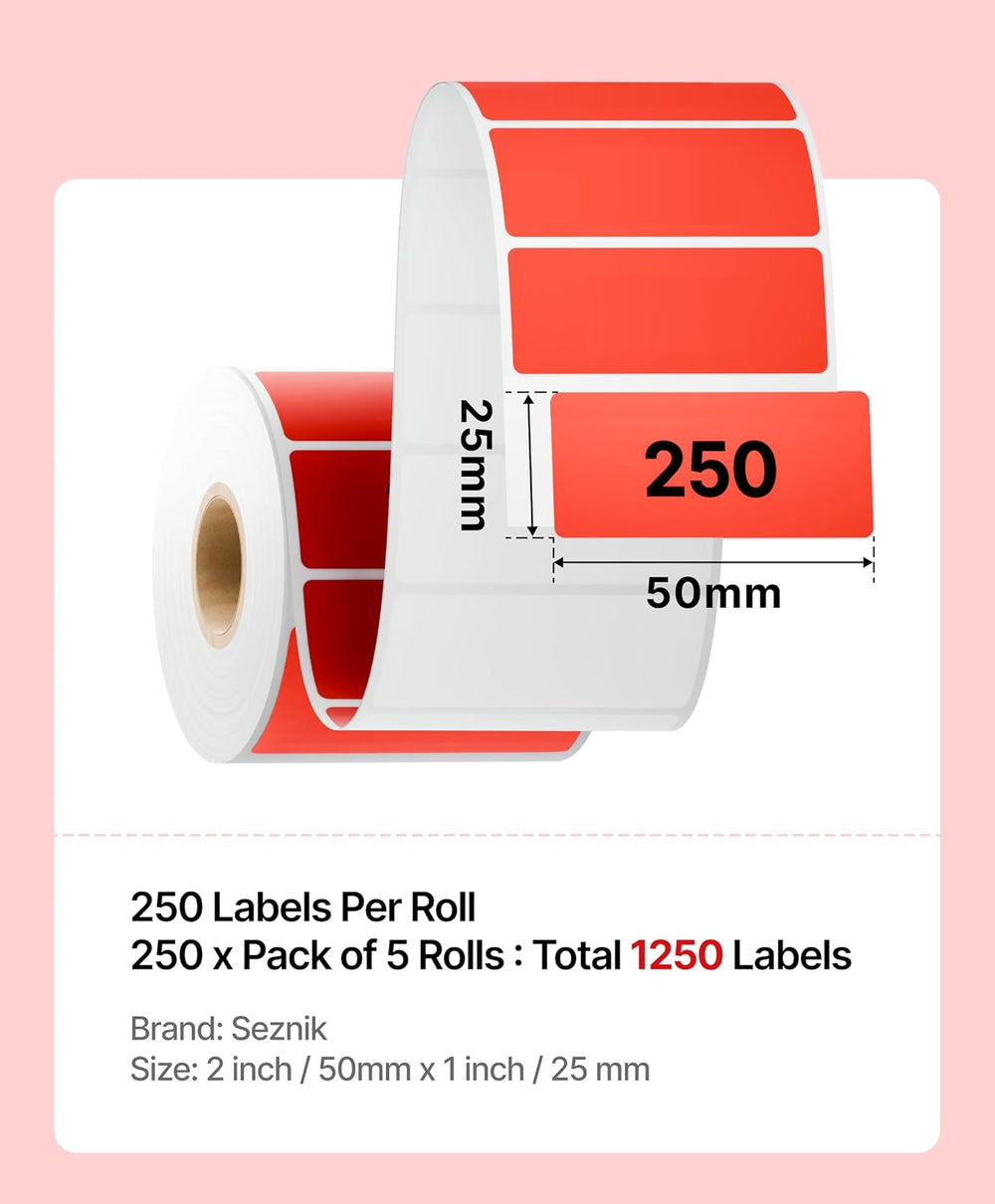 SEZNIK Waterproof, Non-Tearable, Long Lasting Print, Sticky Thermal Lables, Label Roll, 2 inch Adhesive Thermal Labels for Label Printers (50mmx25mm) - 1250 Lables, Red