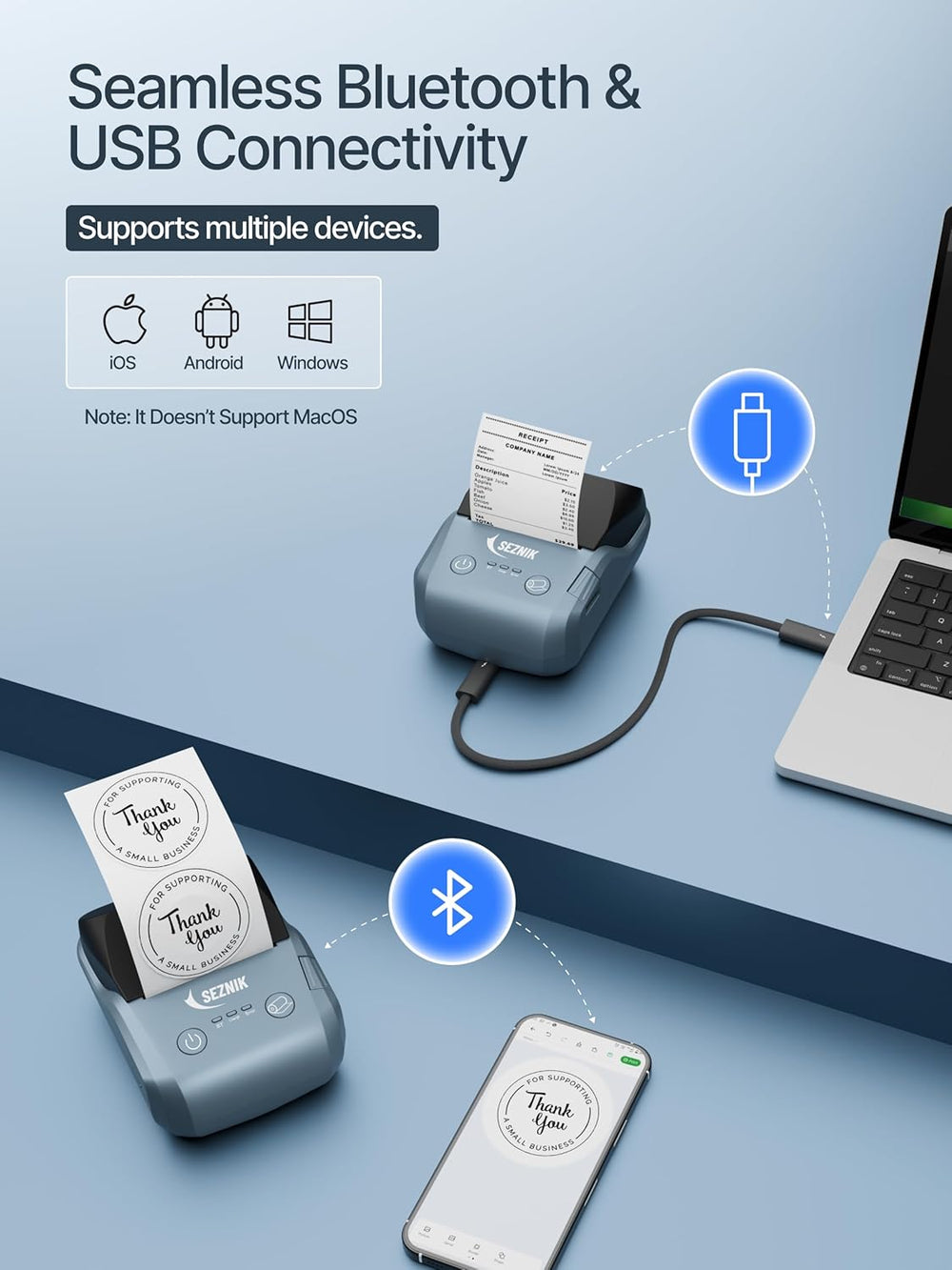 SEZNIK DEV Bluetooth Thermal Label + Receipt Printer for Business | Inkless Mini | 203 DPI | Mobile, Desktop Compatible | Upto 2 inch Print | Lifetime Free Label Print App | 1 Year Warranty