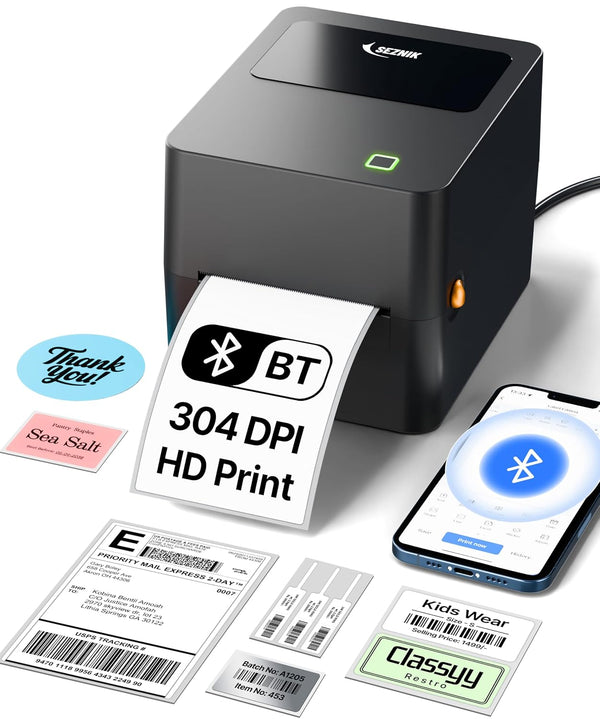 SEZNIK Tejas Shipping Label Printer | 304 DPI HD Print | USB + Bluetooth | Direct Thermal Label Printer for E-Commerce, MRP Sticker, Jewellery, Excel, Barcode, | 1 Year Warranty | No SellerFlex