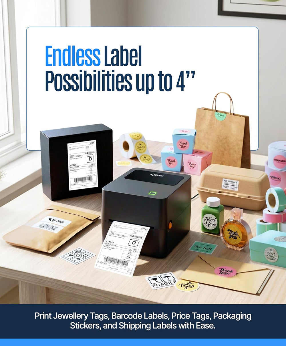 SEZNIK Tejas Shipping Label Printer | 304 DPI HD Print | USB + Bluetooth | Direct Thermal Label Printer for E-Commerce, MRP Sticker, Jewellery, Excel, Barcode, | 1 Year Warranty | No SellerFlex