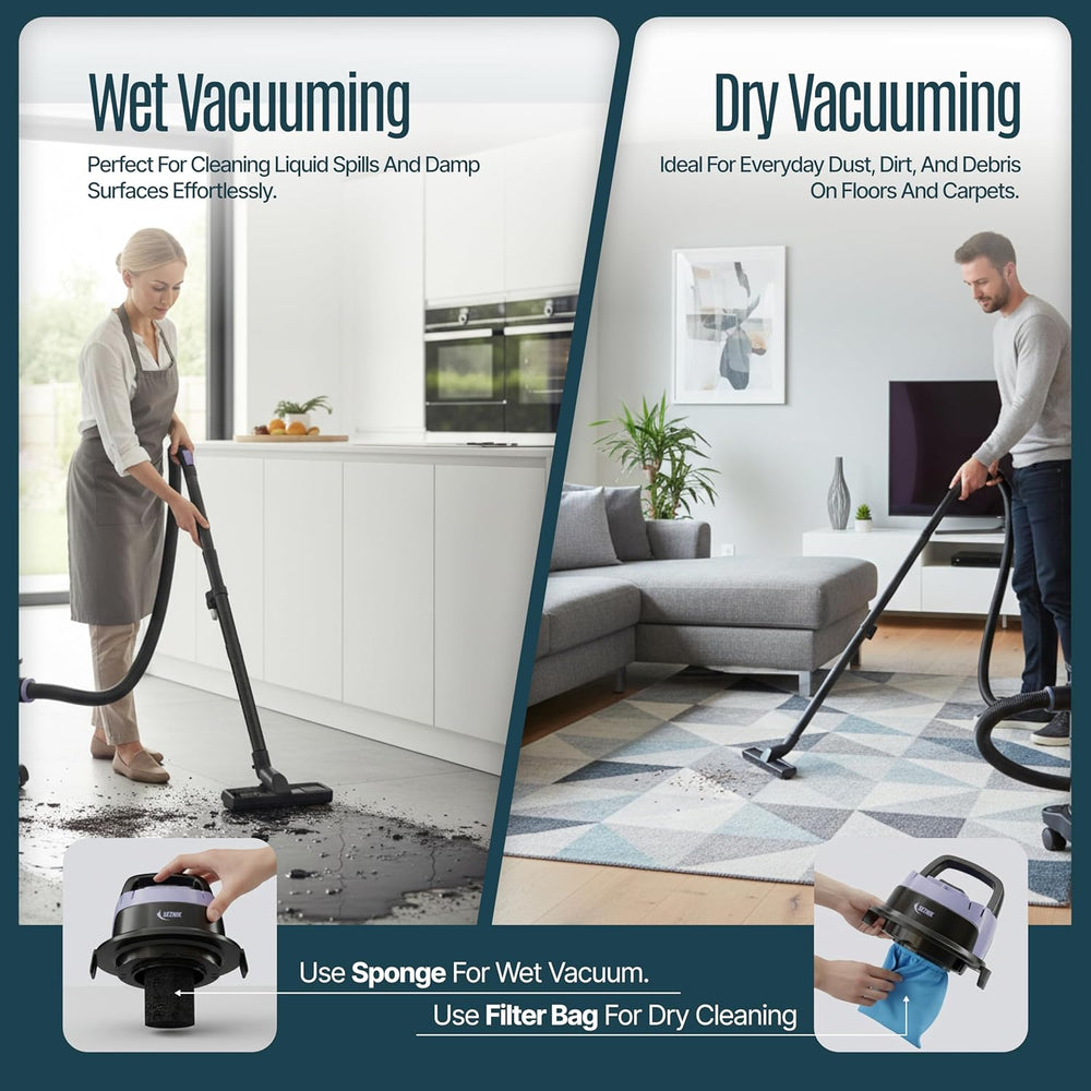 SEZNIK All in One Wet and Dry Vacuum Cleaner for Home | Spot Cleaning, Mopping & Blowing | 15L Steel Tank | 1300W, 20KPA Suction | 9 Attachments | Includes 1-Year Maintenance Kit Worth ₹3496