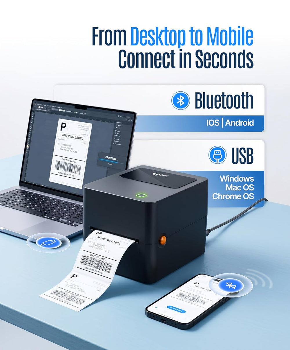 SEZNIK Tejas Shipping Label Printer | 304 DPI HD Print | USB + Bluetooth | Direct Thermal Label Printer for E-Commerce, MRP Sticker, Jewellery, Excel, Barcode, | 1 Year Warranty | No SellerFlex